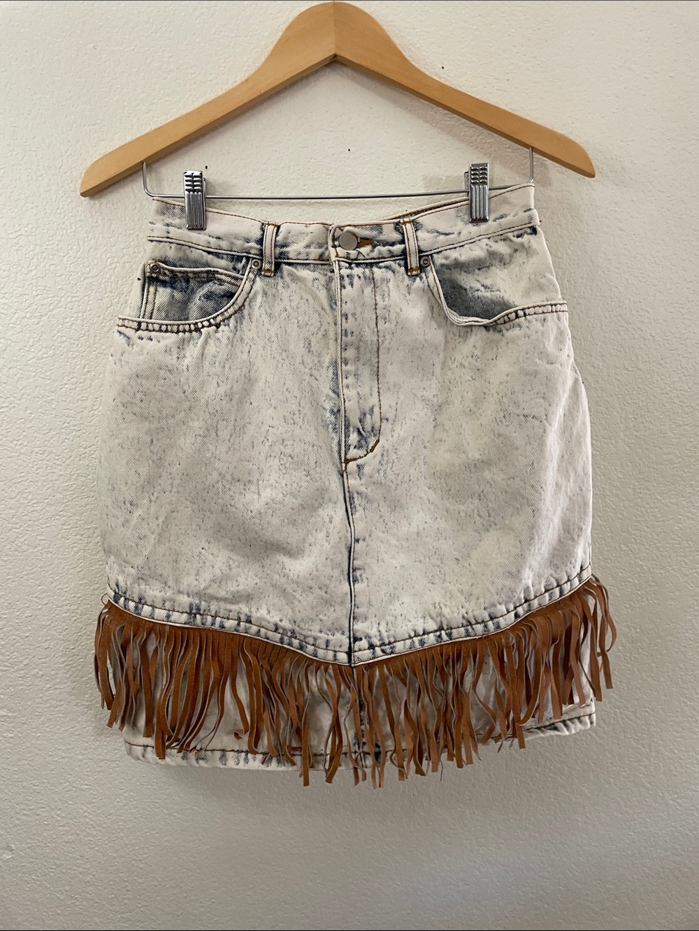 Sapman Paris Vtg Acid Wash Denim suede Fringe Skirt y2k western 28x20